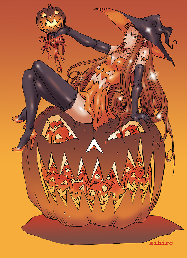 おばけかぼちゃの上で笑う魔女